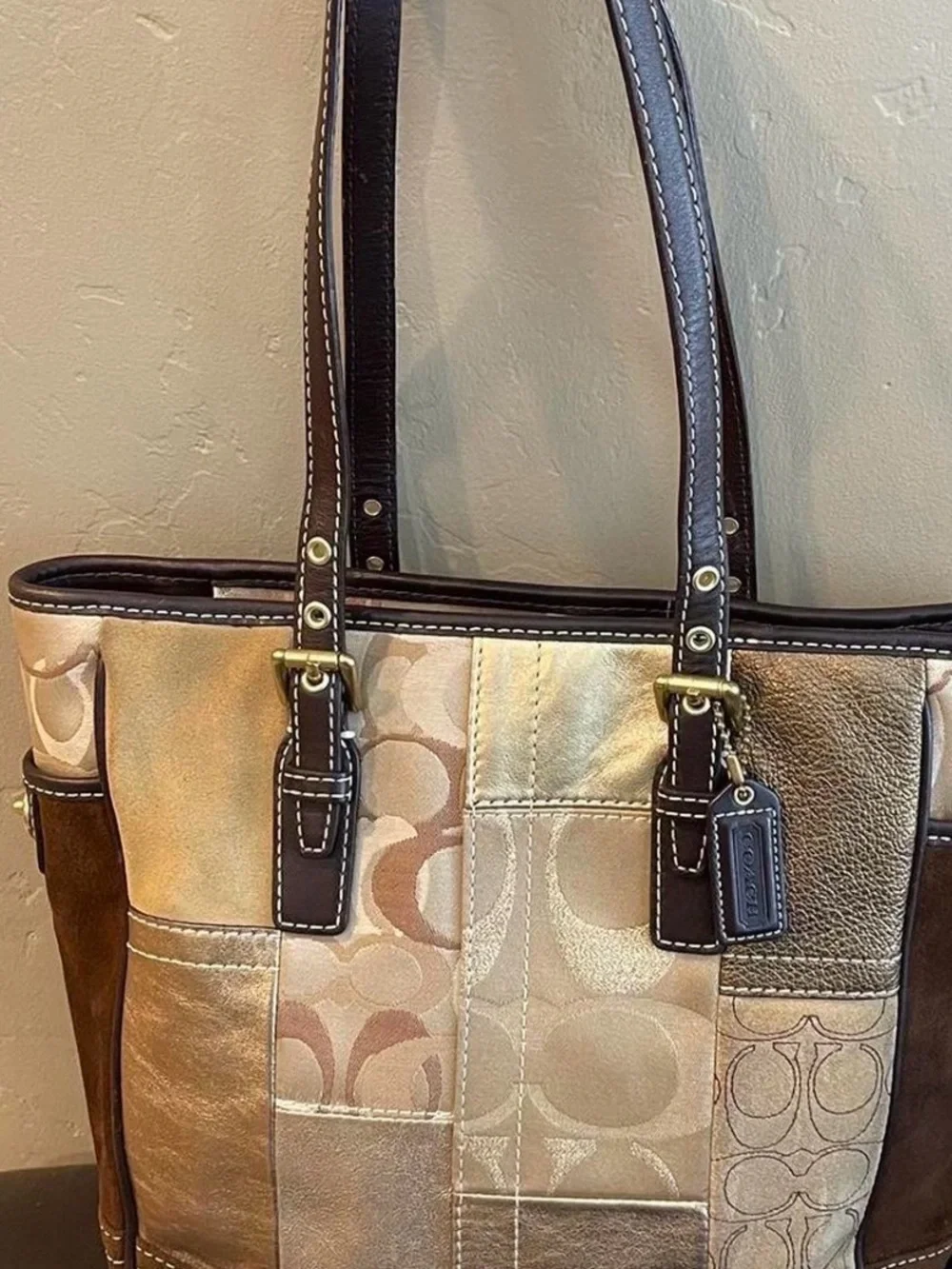 Coach Metallic Patchwork Tote in Taupe and Brown GOLD TONE ABSOLUTELY STUNNING!